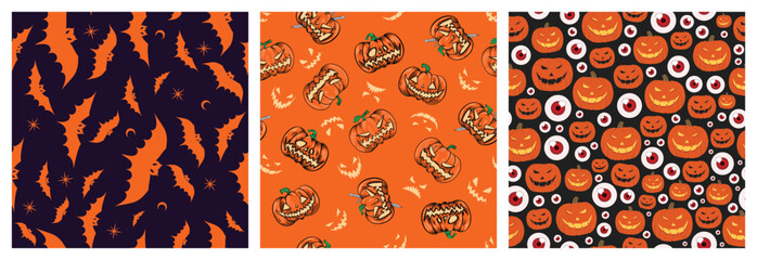 set seamless pattern of pumpkin head lights, eye, bat on black and orange background. lantern in Halloween party celebration. vector