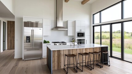 A modern kitchen featuring sleek appliances, a large island with wooden accents, and abundant natural light from expansive windows.