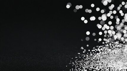 Shimmering silver glitter scattered on a black background, creating a festive and elegant backdrop.