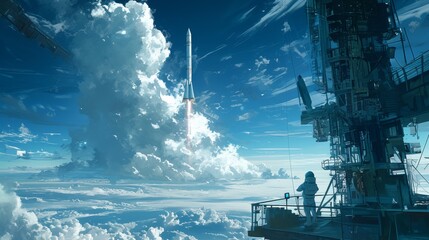 Fototapeta premium A dynamic image of a rocket launch representing advancements in space science with scientists monitoring the event