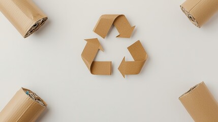 **Description:** Round recycling symbol made from cardboard surrounded by rolled cardboard tubes, emphasizing sustainability and eco-friendly practices.