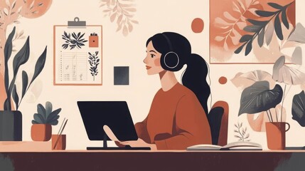 Illustration of a woman wearing headphones while working at a desk with plants and decorative elements, symbolizing focus, creativity, and a peaceful workspace.
