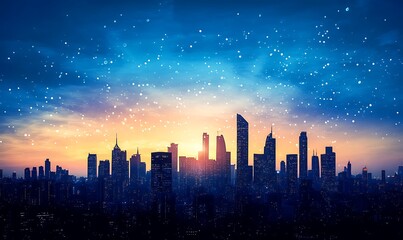 Fototapeta premium Silhouetted city skyline with modern towers, backlit by a vibrant blue sky at dusk, creating a dramatic contrast, leaving space for customizable text
