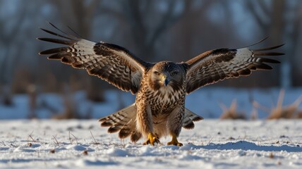 Obraz premium A hawk with its wings spread wide landing on a snowy field.