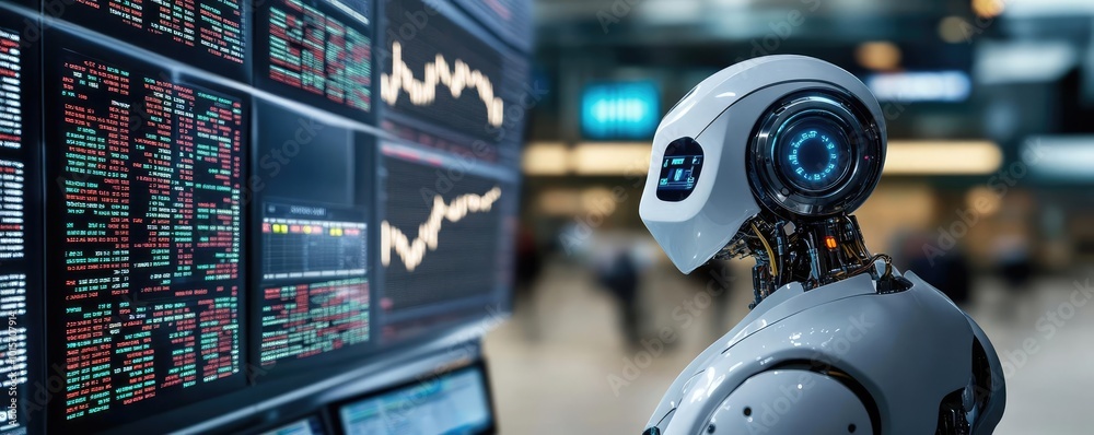 Poster a futuristic robot analyzes stock market data, showcasing advanced technology in finance and artific