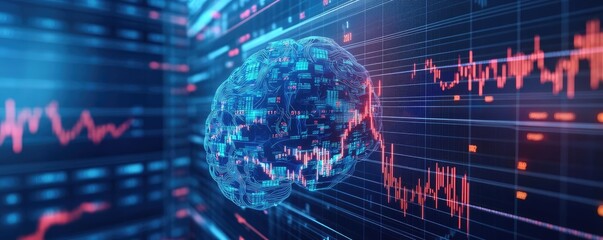 Obraz premium Futuristic visualization of a brain with digital data streams and graphs representing artificial intelligence and neural networks.