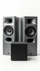 Fototapeta premium Two sound speakers and a subwoofer on white background