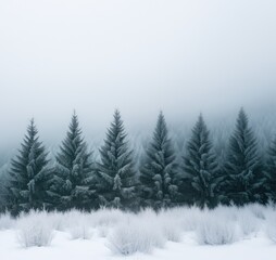 Fototapeta premium Row of Pine Trees in the Snowy Mist, Winter Holiday Nature Background, Snow Covered Natural Christmas Wallpaper, Rustic Business Backdrop Concept, Marketing Design with Copy Space for Text