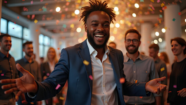 Happy candid young business black man dancing under confetti at an office party celebrating success and company goals