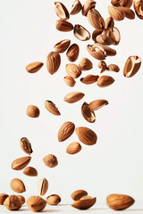 Obraz premium A graceful display of nuts floating and descending against clean white background