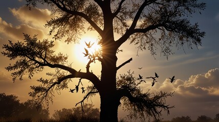 A silhouetted tree with birds flying in the sky at sunset.