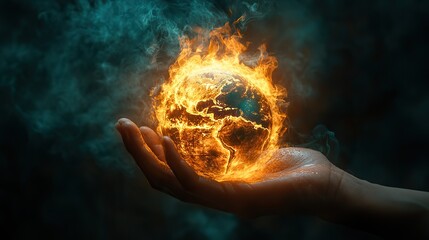 A hand grasps a burning globe set against a dark, foreboding background, visually representing the urgent environmental crisis threatening the planet.