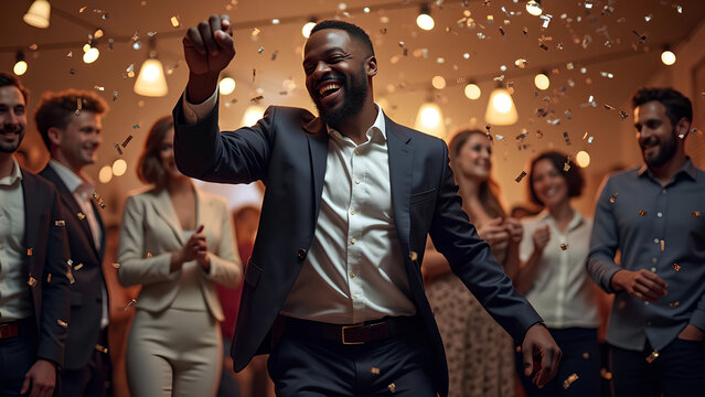 Happy candid young business black man dancing under confetti at an office party celebrating success and company goals