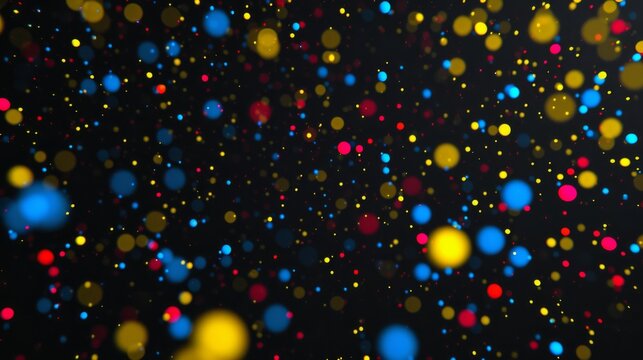 A visually appealing abstract image featuring glowing multicolored bokeh dots scattered across a dark black background. The bright, colorful orbs evoke a sense of energy, festivity, and modern digital