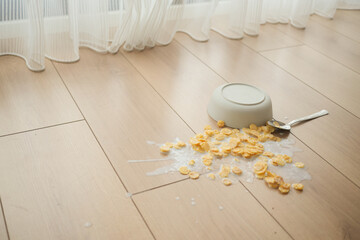 Spilled breakfast cereal on floor