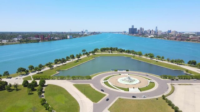 James Scott Memorial Fountain on Belle Isle, Detroit, Michigan, aerial drone view city skyline