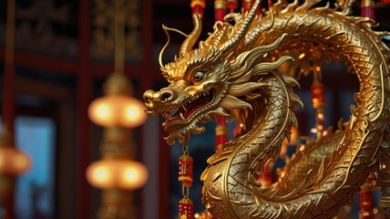 Fototapeta premium A golden dragon statue with intricate details, its head facing forward, with a blurred background of red lanterns.