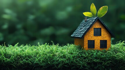 Naklejka premium A house icon on green grass with leaves on top represents eco-friendly construction and sustainability in architecture.