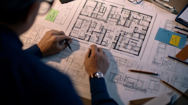 A modern architectural design unfolds on a drafting table, accompanied by reading glasses, pencils, and colorful sticky notes