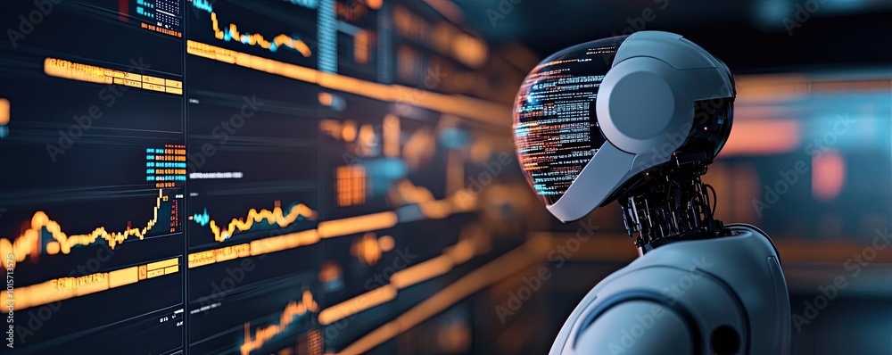 Aufkleber Futuristic robot analyzing digital data on a screen, symbolizing advanced technology and artificial intelligence in finance.