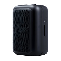 Obraz premium Compact black portable speaker with sleek design, ideal for music on the go, isolated on a white background.