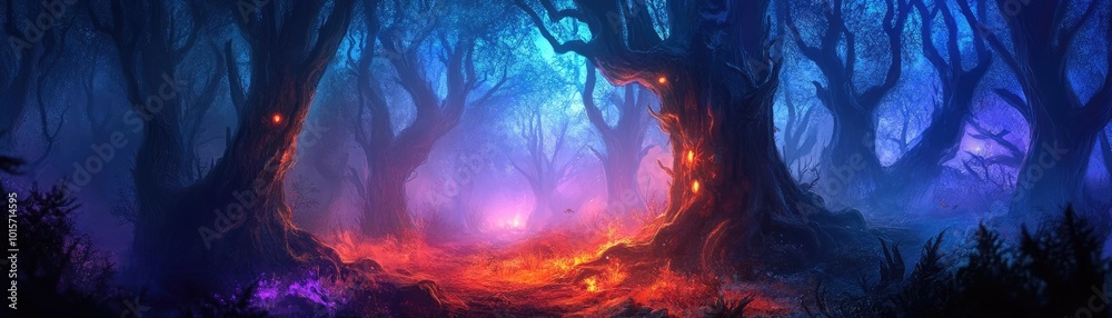 Poster A mystical forest with glowing trees and vibrant colors, creating an enchanting atmosphere filled with mystery and wonder.