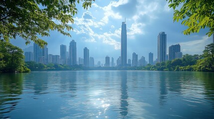 Fototapeta premium A large body of water is framed by towering skyscrapers, illustrating the coexistence of urban development and natural resources in modern cities.
