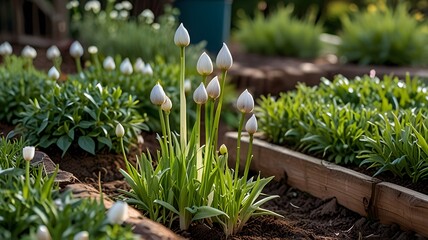 White Tulips in a Garden with Wooden Borders