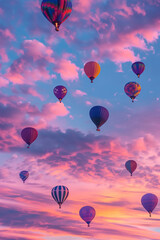 Obraz premium Vivid sunset sky adorned with hot air balloons drifting peacefully