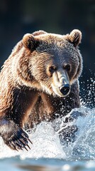 Obraz premium Grizzly bear fishing in sunlit river, salmon jumping