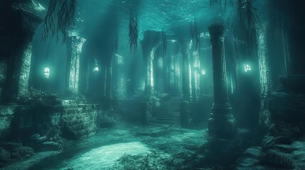 A mysterious underwater ruin adorned with ancient pillars, illuminated by soft green light, creating an enchanting atmosphere.