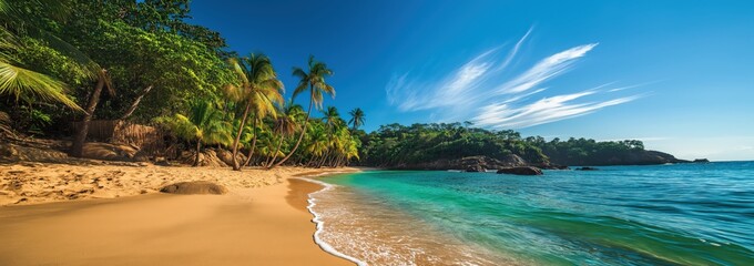 Obraz premium Tropical beach scene with tall palm trees