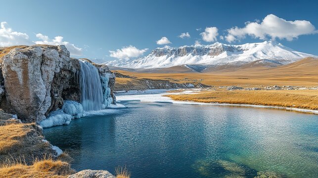 A majestic glacier slowly melts, forming a waterfall that eventually trickles into a vast desert landscape.