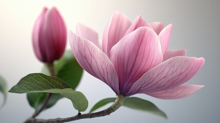 Fototapeta premium Two pink magnolia flowers blooming on white background