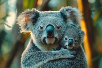 Obraz premium Mother koala bear hugging baby in eucalyptus forest