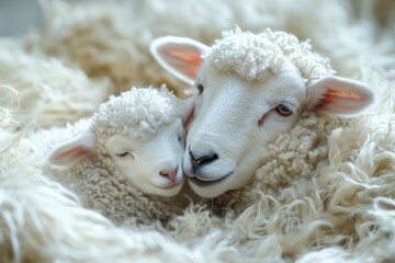 Lamb cuddling with mother sheep in soft wool