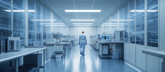 Obraz premium A scientist in a white lab coat walks down a sterile corridor in a modern laboratory.