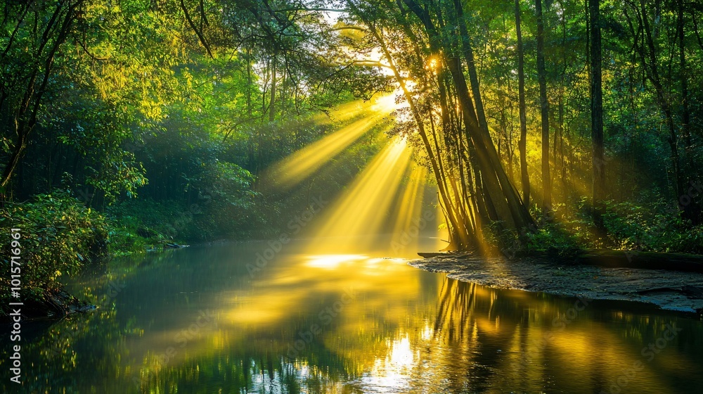 Wall mural sun rays shining through trees and reflecting on a calm river in the forest.