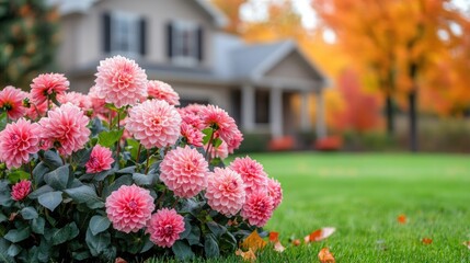 Pink dahlia flowers blooming in a garden in front of a modern house in autumn