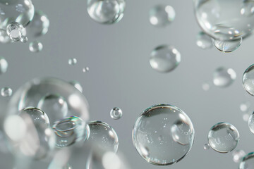  Floating liquid transparent bubbles colliding in a 3d abstract render over a grey background