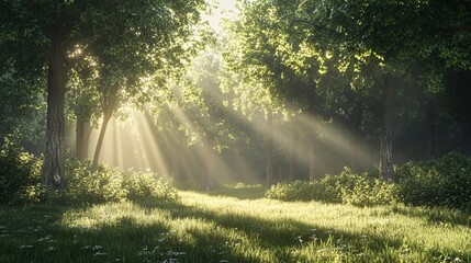 Obraz premium Sunbeams illuminate a misty forest clearing with green grass and trees.