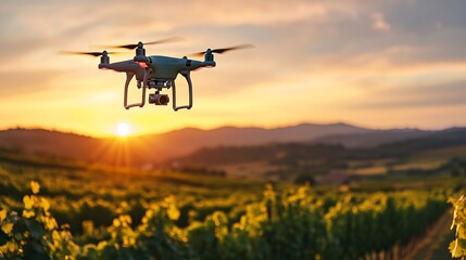 Drone Flying Over Vineyard at Sunset
