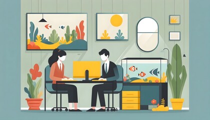 Employees consisting of two men and a woman are working in a room using computers in a block-colored yellow, gray, green style with flat illustrations. There are aquariums around the room.