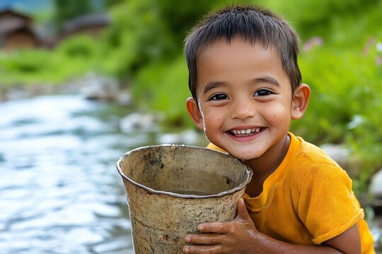 Rural child carrying water from a river, with a worn bucket and tired expression, showing the daily struggle for basic needs in poverty-stricken areas