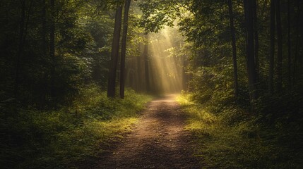 Obraz premium Sunbeams illuminate a path through a dense, green forest.
