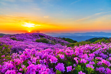 Sunrise view of pink royal azalea blossoms on Hwangmaesan Mountain near Hapcheon-gun, Korea.