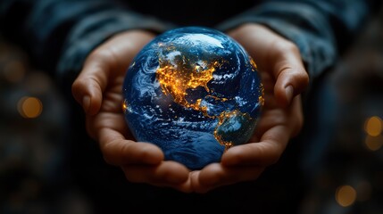 Fototapeta premium A man’s hands cradle a blue Earth with global networking connections, symbolizing worldwide data exchanges and communication.