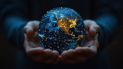Fototapeta premium A man’s hands cradle a blue Earth with global networking connections, symbolizing worldwide data exchanges and communication.