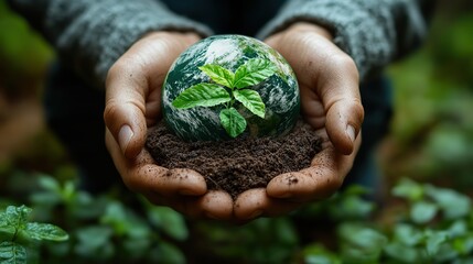 A man's hands cradle the green planet Earth, symbolizing eco-friendly concepts and clean energy.