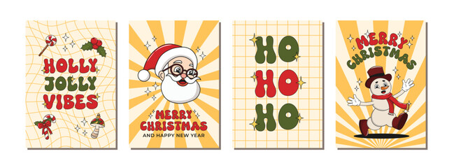 Merry Christmas greeting card collection with santa claus, snowman retro groovy characters, holly branch, tree toys, candy. New Year poster set. Holly Jolly. Vector illustration, editable stroke.